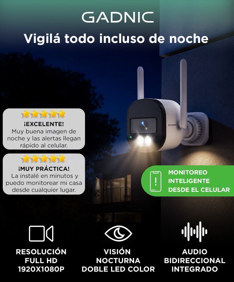 Cámara Seguridad Exterior Gadnic Wifi 2MP Doble LED Nocturno
