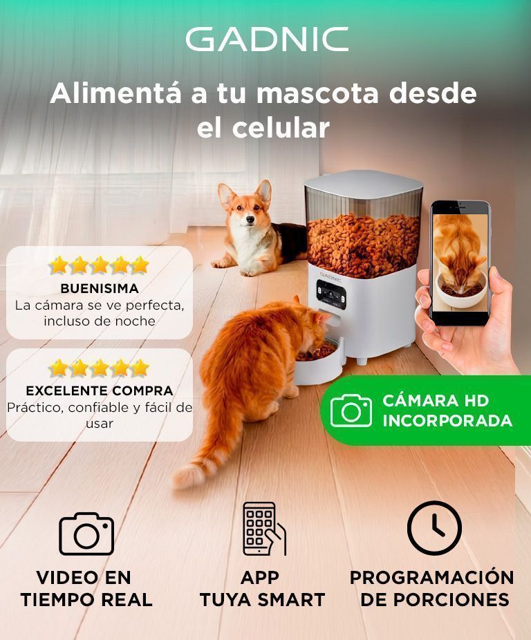 Comedero Automatico Gadnic Para Mascotas 5 litros Con Camara y Aplicación Bowl Acero Inoxidable